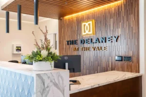 An image of the front lobby of The Delaney at the Vale, an Independent Living community in Woburn, MA.