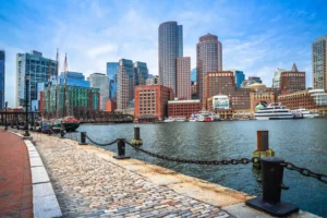 Boston harbor and cityscape skyline view, Massachusetts, USA. This image shows things for seniors to do around Boston.